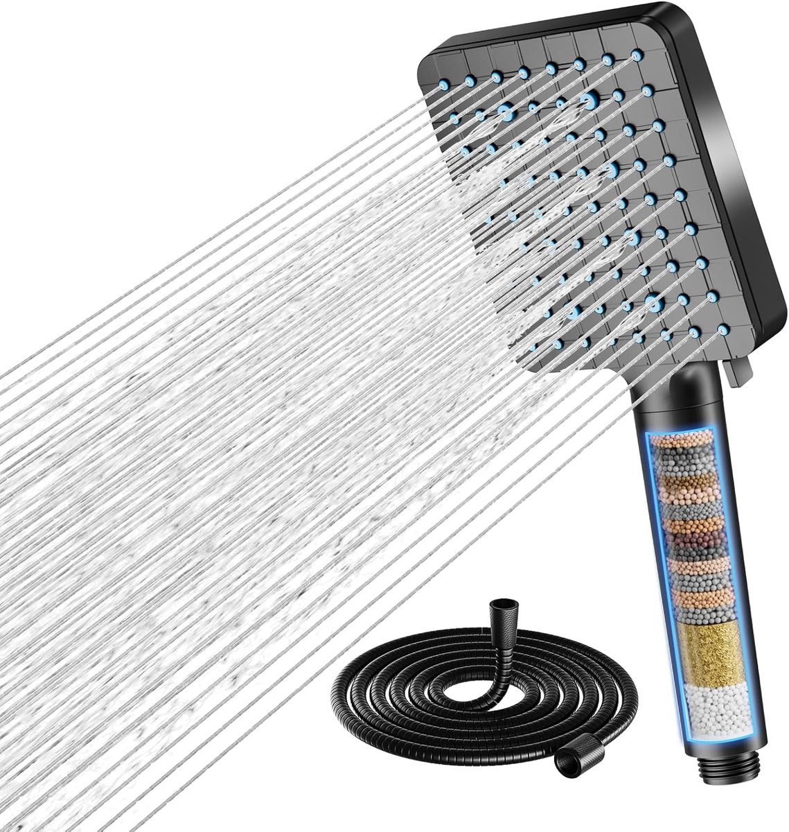 SnelShoppen - Handdouche met Hard Water Filter - Hoge Druk Douchekop - Vierkante Douchkop met 20-Stage Filter - 6 Jet Types - Verwijdert Chloor en Zwa