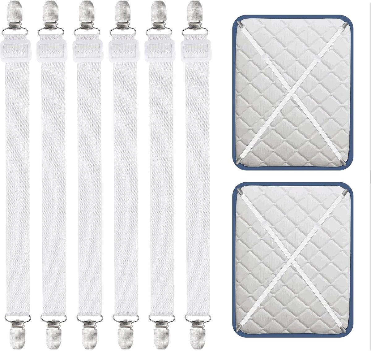 SnelShoppen - Bed Sheet Clamps - 6 Stuks Wit - Verstelbare Bedlinnen Spanners 55-250 cm - Geschikt voor Matras, Strijkplank, Bank - Elastische Klemmen