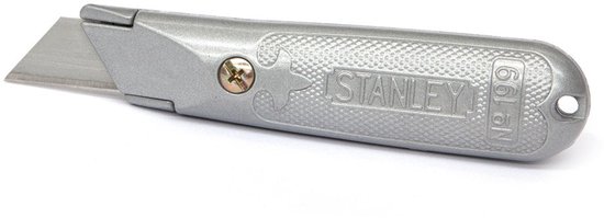 Zilverkleurig Stanley mes No. 199 met scherpe metalen mespunt en gegraveerd logo.