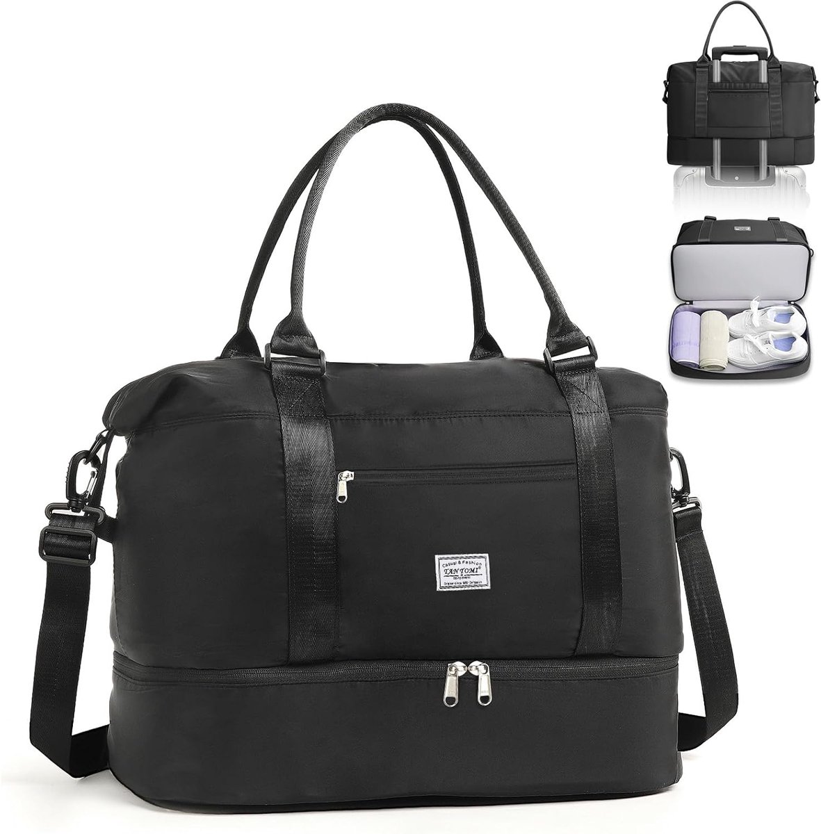 SnelShoppen - Weekendtas Vrouwen - Waterproof Reisbag met Extra Opbergruimte - Sporttas met Schoencompartiment - Zwart