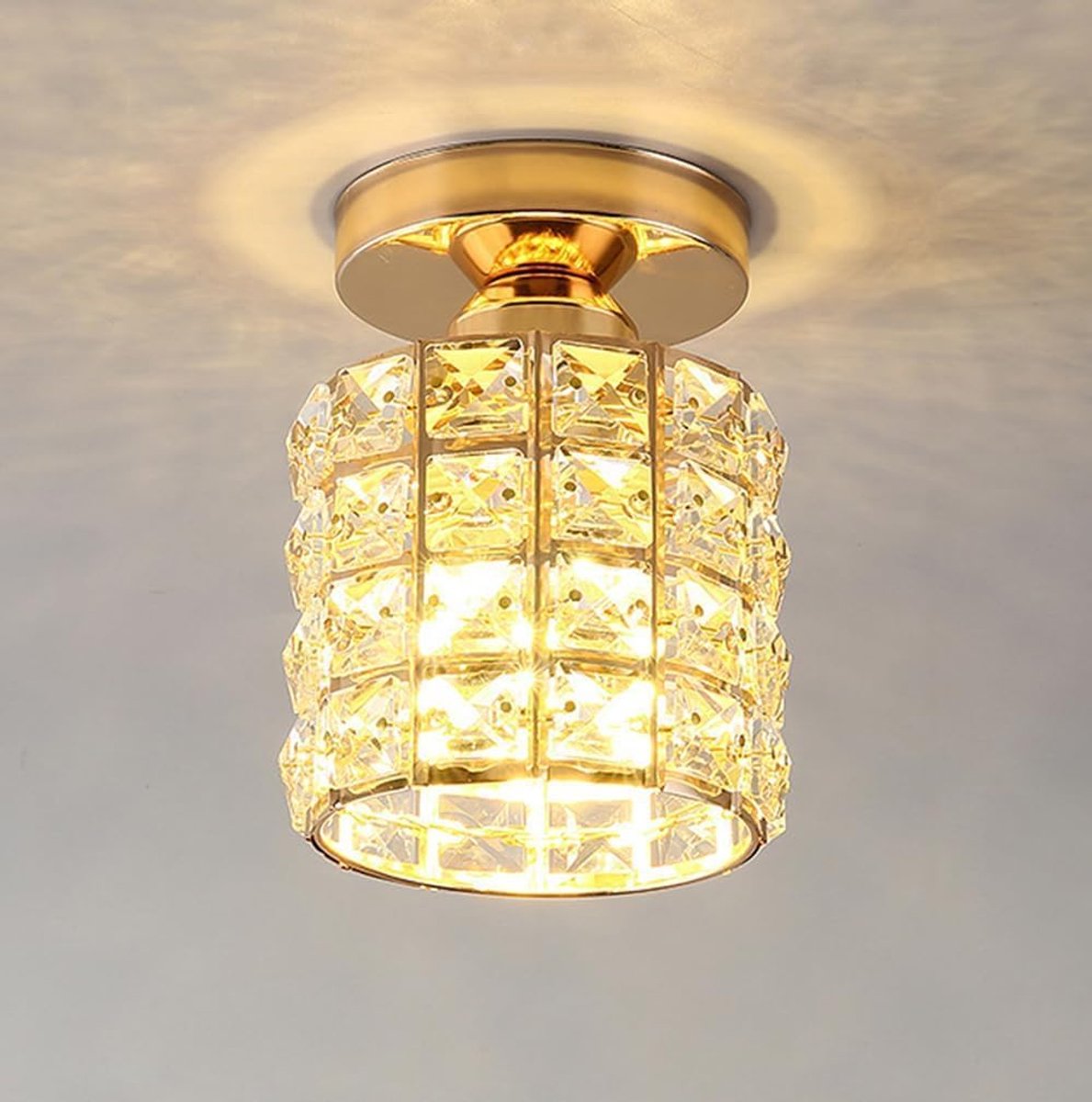 KZQ Mini Kristallen Plafondlamp - 17cm - Rond Met Vierkante Kristallen - E27 Fitting - Dimbaar - Voor Hal Slaapkamer En Woonkamer