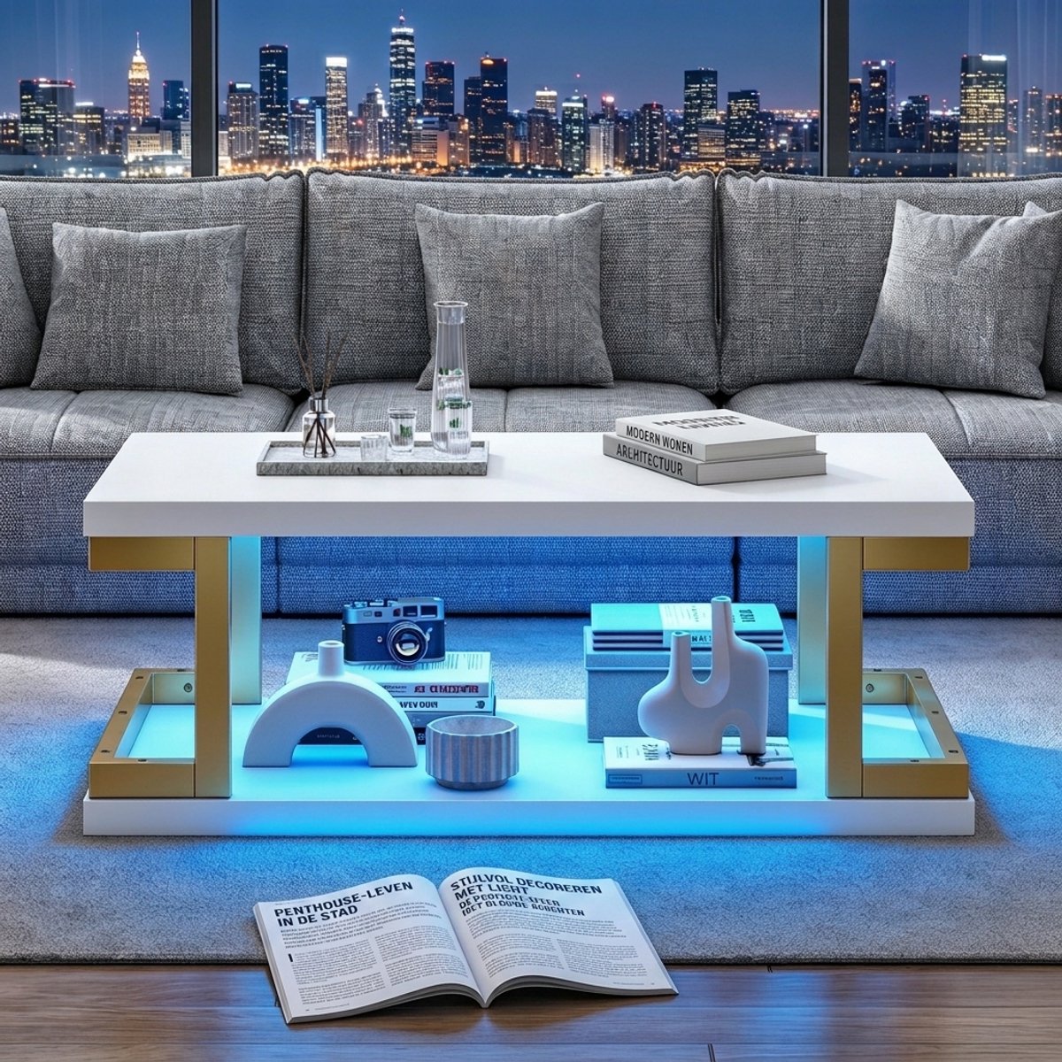 Salontafel-app bediening-LED-MDF en metaal, witte rechthoekige salontafel met gouden frame en led, voor woonkamer en kantoor