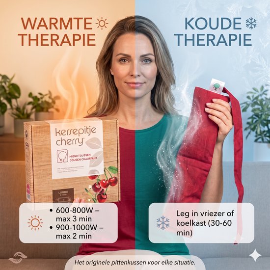 Vrouw toont de warme en koude therapie-opties voor het kersenpitkussen.