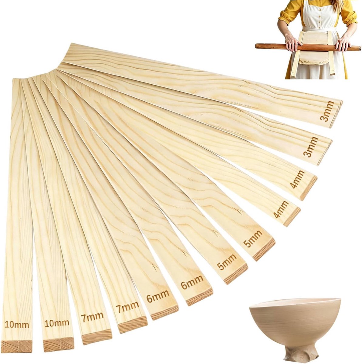 SnelShoppen - 12 stuks houten platen pottenbakkersgereedschap set, accessoires voor pottenbakken, rolgeleidingsstaven, 6 maten deeghout, afstandhouder