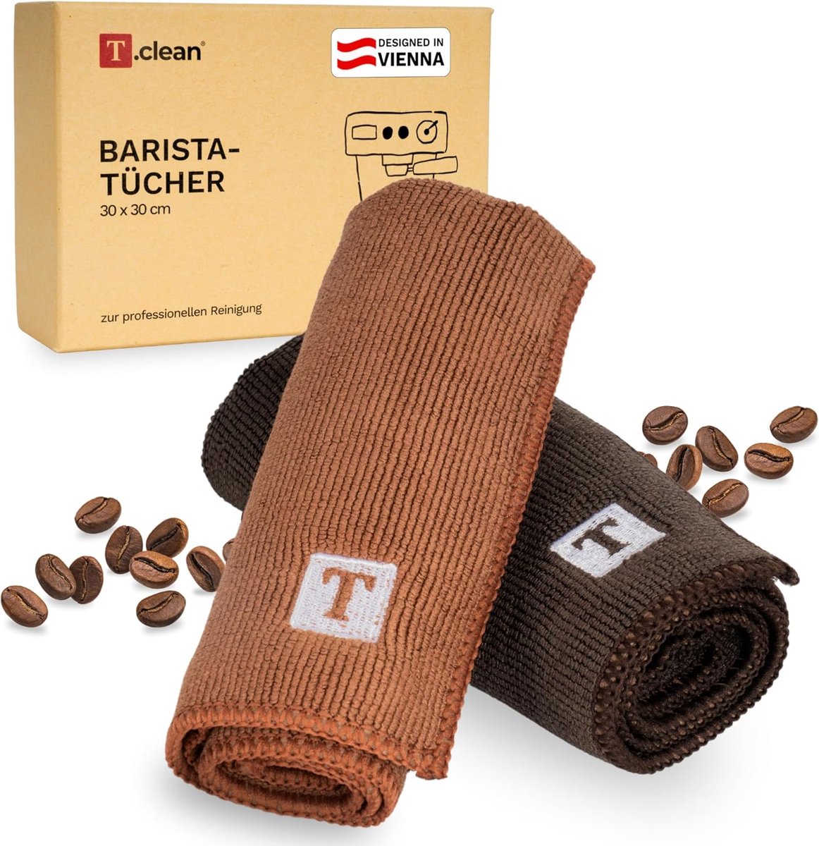 SnelShoppen - T.clean Barista doekenset - 2 Microvezeldoeken 30x30 cm - Extra Absorberend - Coffee Brown & Aztec Brown - Inclusief Karabijnhaak - Voor