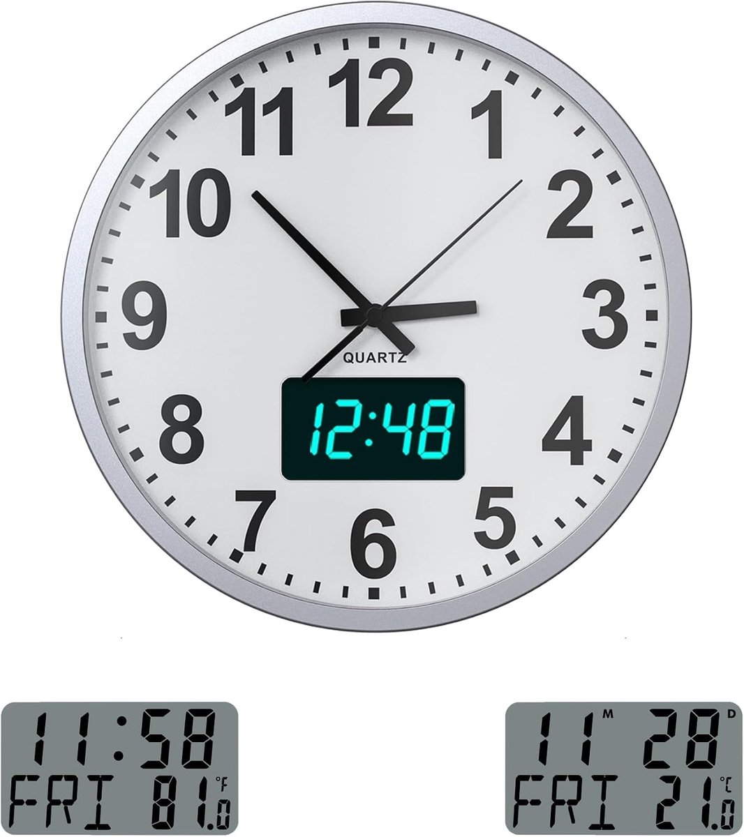 SnelShoppen - Stille Wandklok - Moderne Quartz Klok met Digitale LCD/LED Tijdweergave, Temperatuurweergave, Geen Tikken, Batterij Aangedreven voor Keu