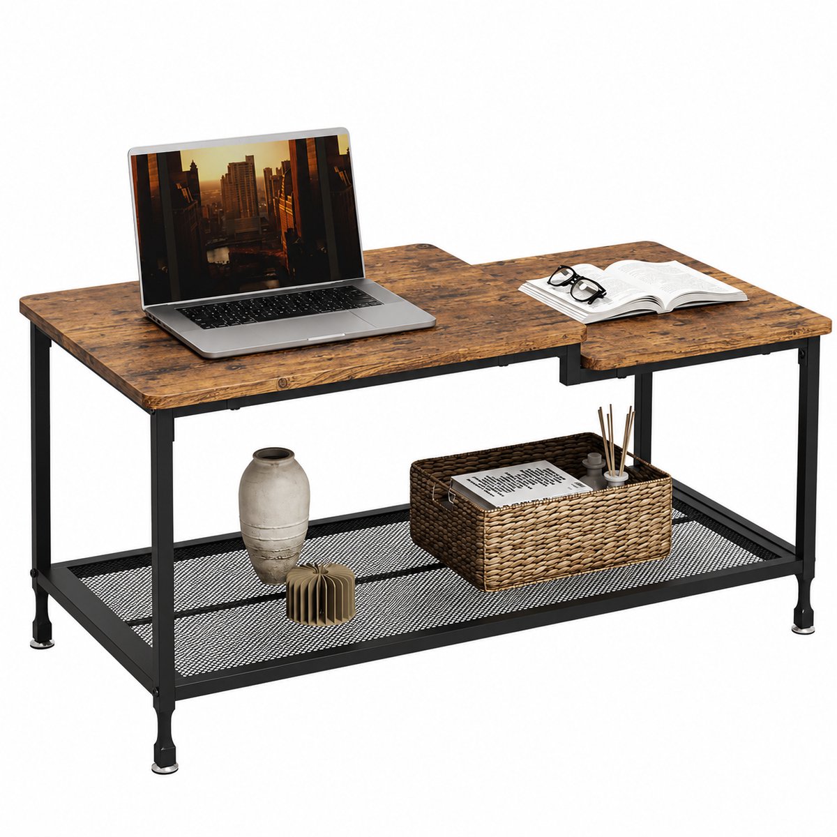 CORE Salontafel - Industriële Woonkamertafel met 2 Opbergniveaus - Rechthoekige Middentafel met Gaasplank - Stevig Metalen Frame - Rustieke Bijzettafel voor Woonkamer, Lounge en Zitkamer - 100x50x48cm - Houtlook/Zwart