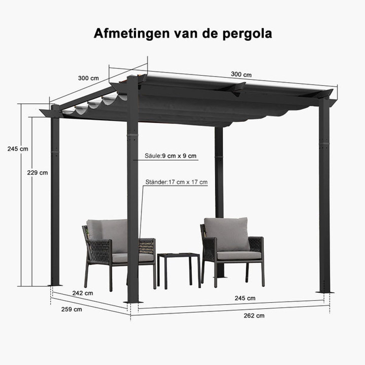 Purple Leaf Pergola avec toit de protection 3 x 3 m - structure anthracite, toile grise