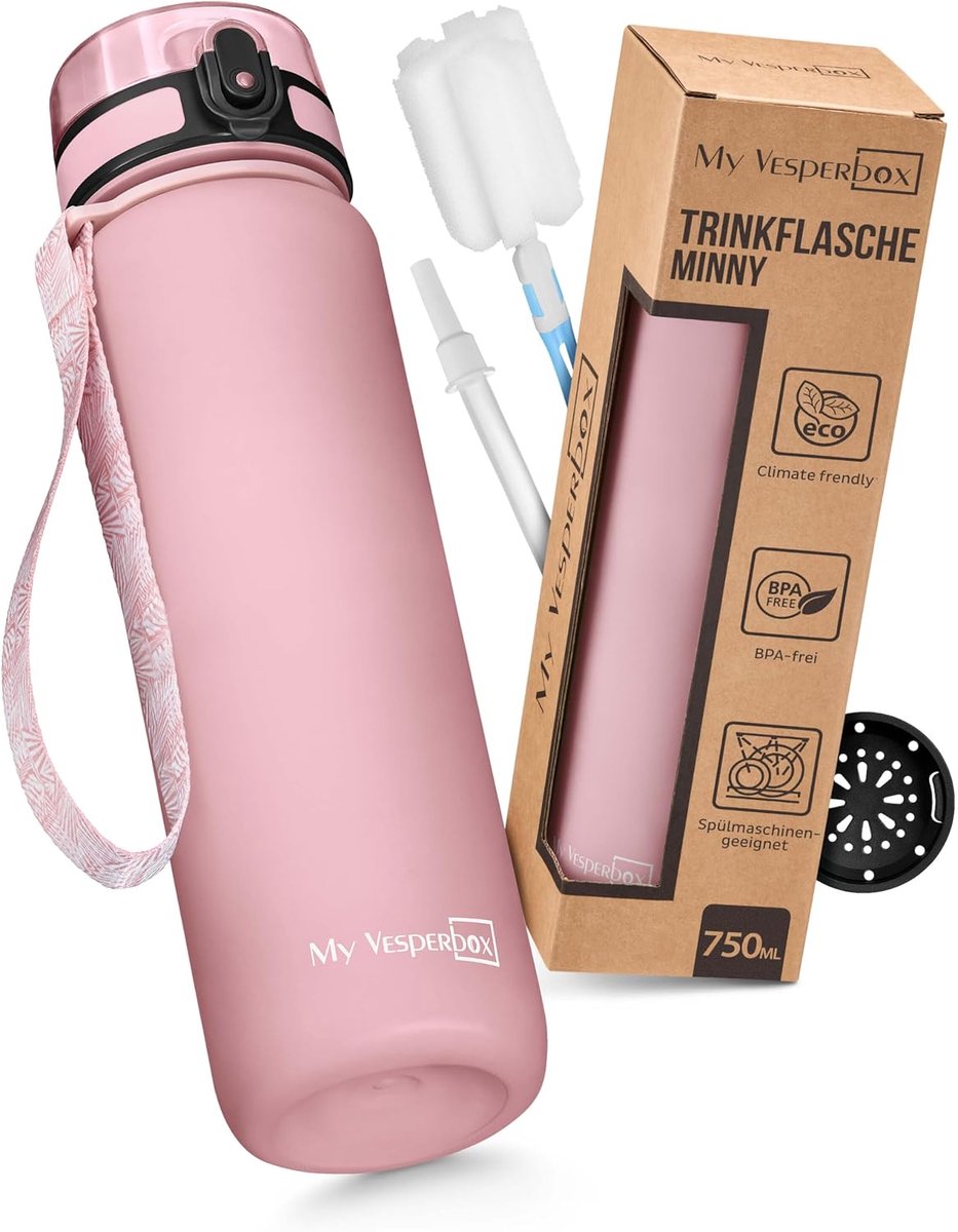 SnelShoppen - Minny Kinder Drinkfles 750 ml, Lekvrij en BPA-vrij, Inclusief Vervangende Dichting, Schoonmaakborstel, Fruitrietje, Ideaal voor School,
