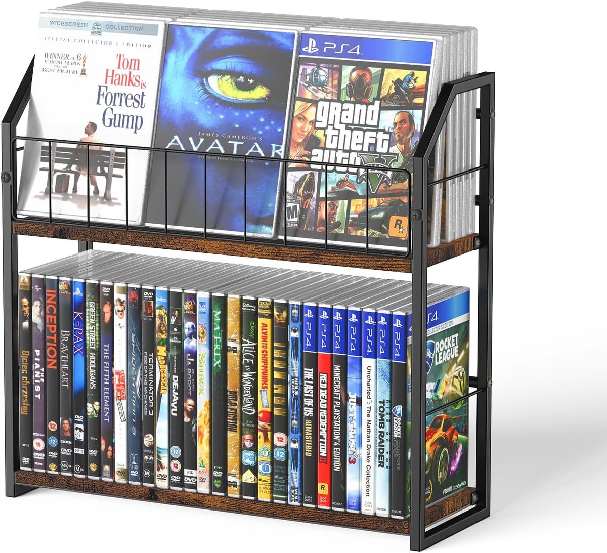 SnelShoppen - DVD Rack en Vinyl Record Opslag - 2-Tier 56 Capaciteit - Industrieel Retro Carbon Staal/Hout - Ruimtebesparende Desktop Organizer