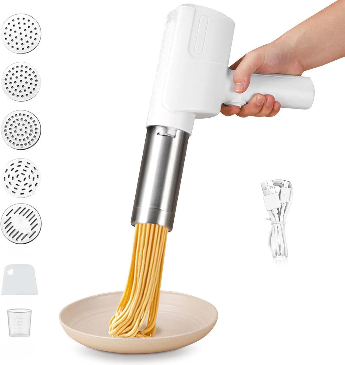 SnelShoppen - Elektrische Nudelmachine, Automatische Handheld Noodle Maker, 2000mAh Multifunctionele Nudelmaker met 5 Persmallen voor Keuken, Feest, C