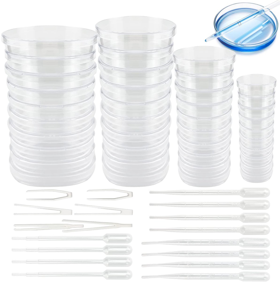 SnelShoppen - 40Pcs Steriele Plastic Petri Dishes Set met Lids - Transparante Bacteriële Cultuurkommen 35mm 60mm 70mm 90mm - Inclusief 12Pcs Pipetten