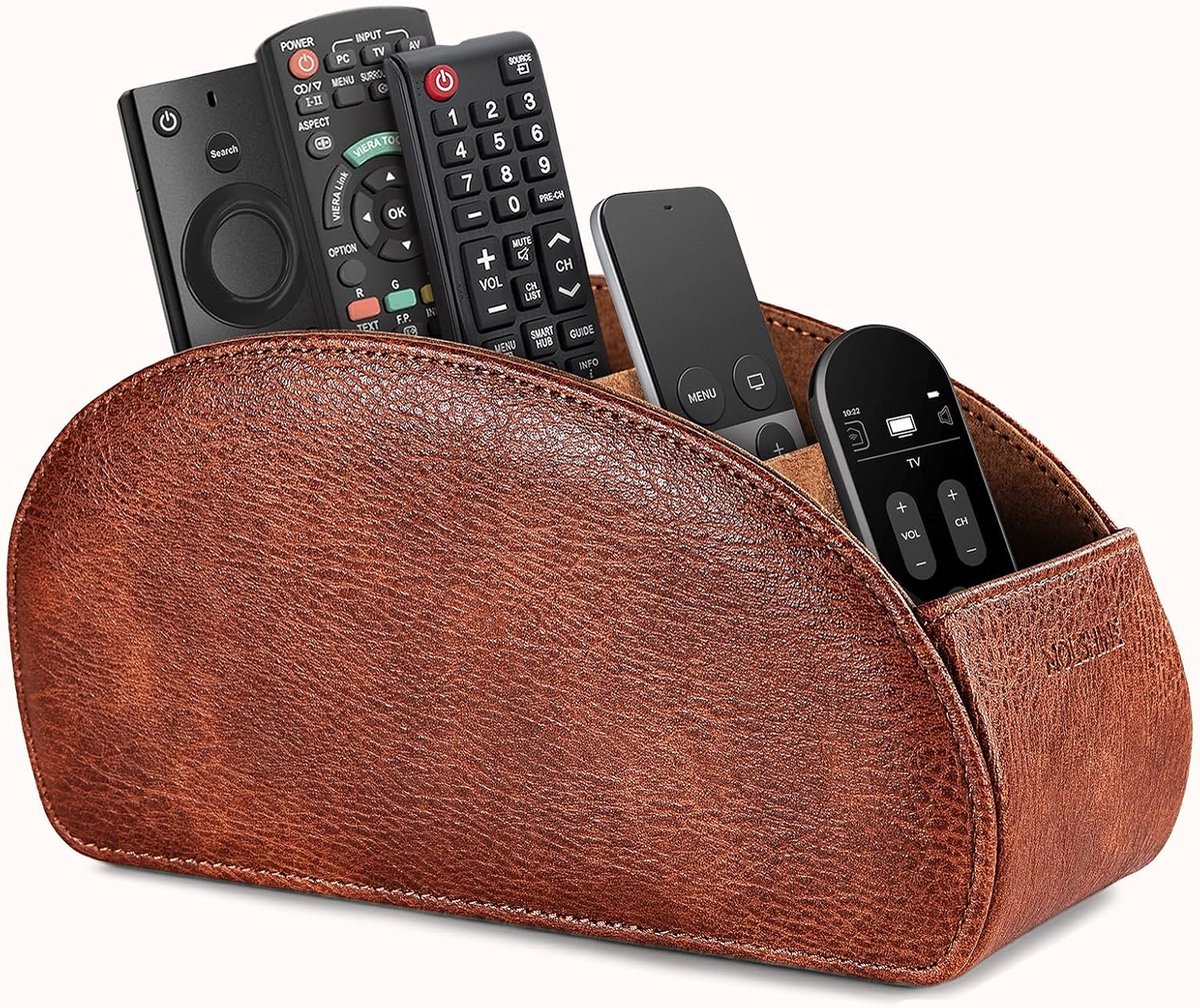 SnelShoppen - Remote Control Holder met 5 Compartimenten, PU Leer Organisatie Caddy voor TV Afstandsbedieningen, Verwarmingscontrollers, Kantoorbenodi
