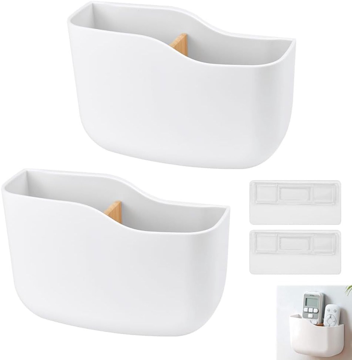 SnelShoppen - 2 Stuks Wand Remote Control Holder Organizer - Zelfklevende Remote Control Houder met 2 Compartimenten - Houten Desk Organizer voor Medi