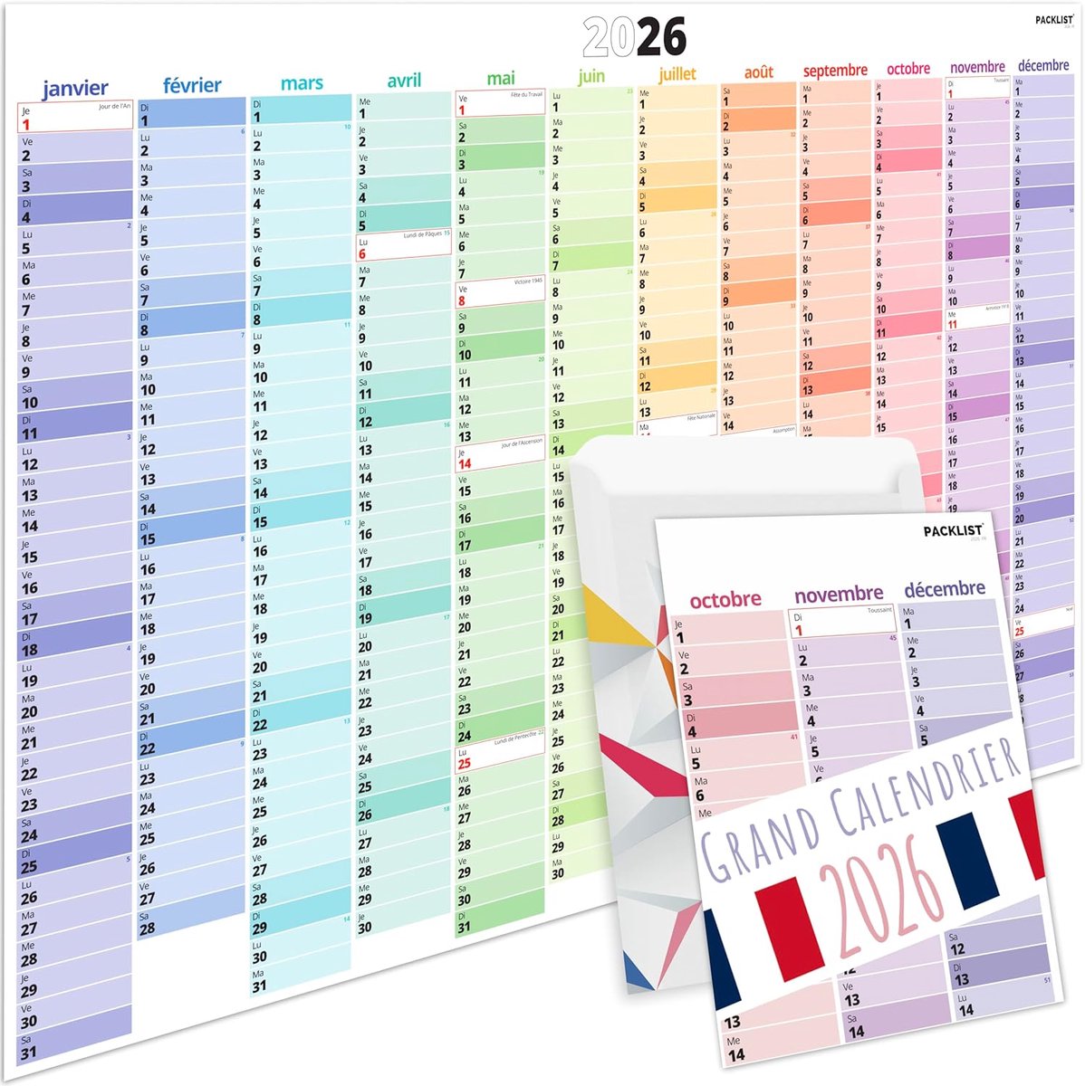 SnelShoppen - Grote Wandkalender 2026 Frans met Nationale Feestdagen - XXL A1 84 x 60 cm - Familiekalender voor Organisatie, Studie en Werk!