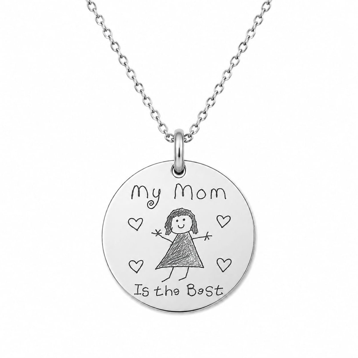 Engravia by Derya – Gepersonaliseerde Hanger met Kindertekening, Handschrift of Eigen Tekening – Zilver Kleur RVS Graveerbare Ketting Hanger 20 mm – Uniek Cadeau voor Mama, Papa, Opa & Oma