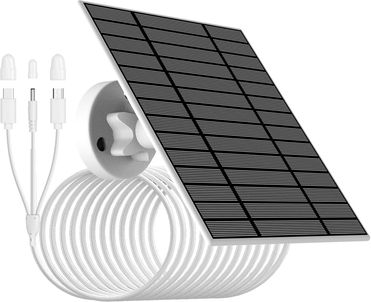 SnelShoppen - 5V-6W Zonnepaneel voor Beveiligingscamera's - MicroUSB/Type-C/DC3513 Connector - IP61 - 4M Oplaadkabel - Compatibel met Diverse Cameramo