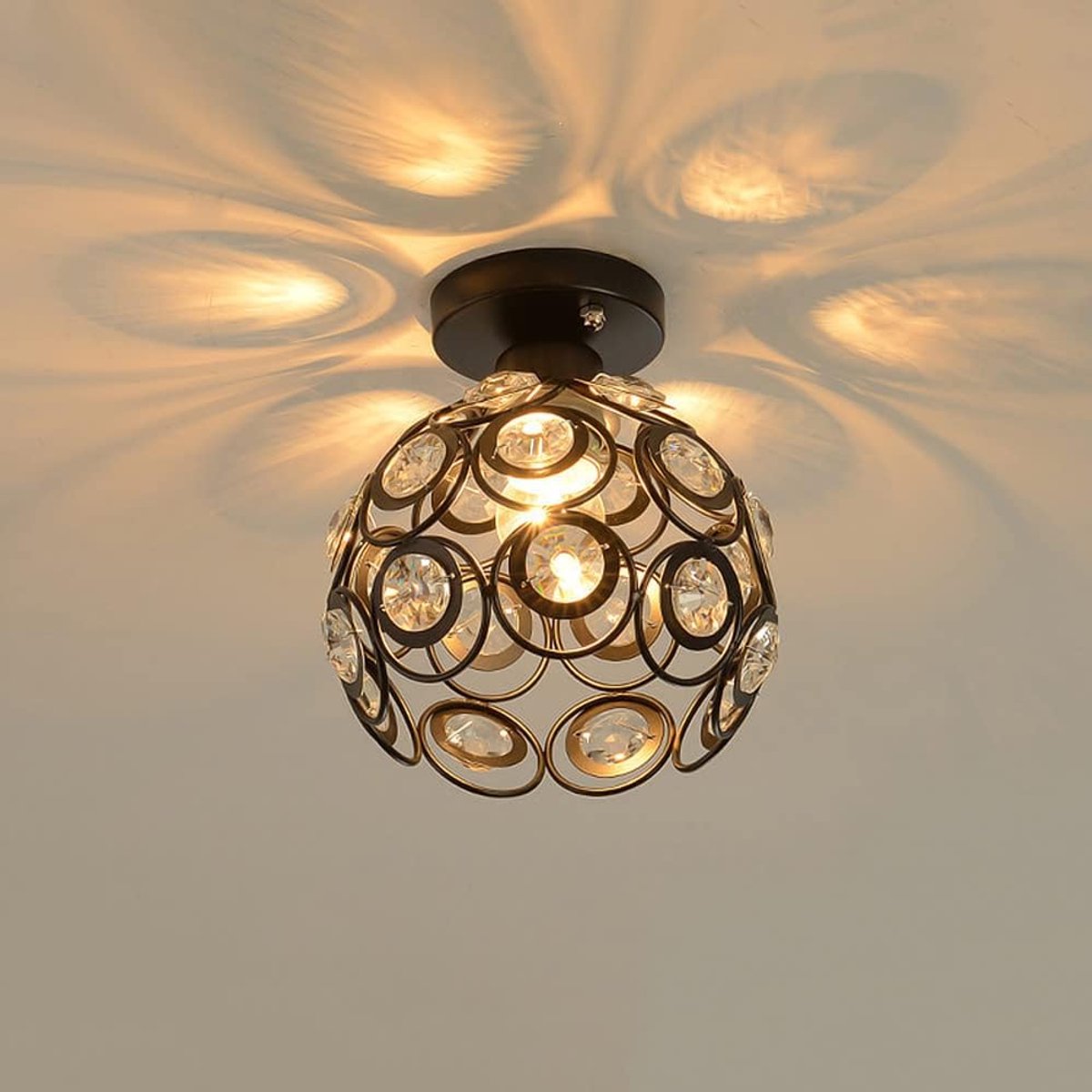 KZQ Mini Kristallen Plafondlamp - 25cm - Zwart - Rond Design - E27 Fitting - Dimbaar - Voor Hal Slaapkamer En Woonkamer