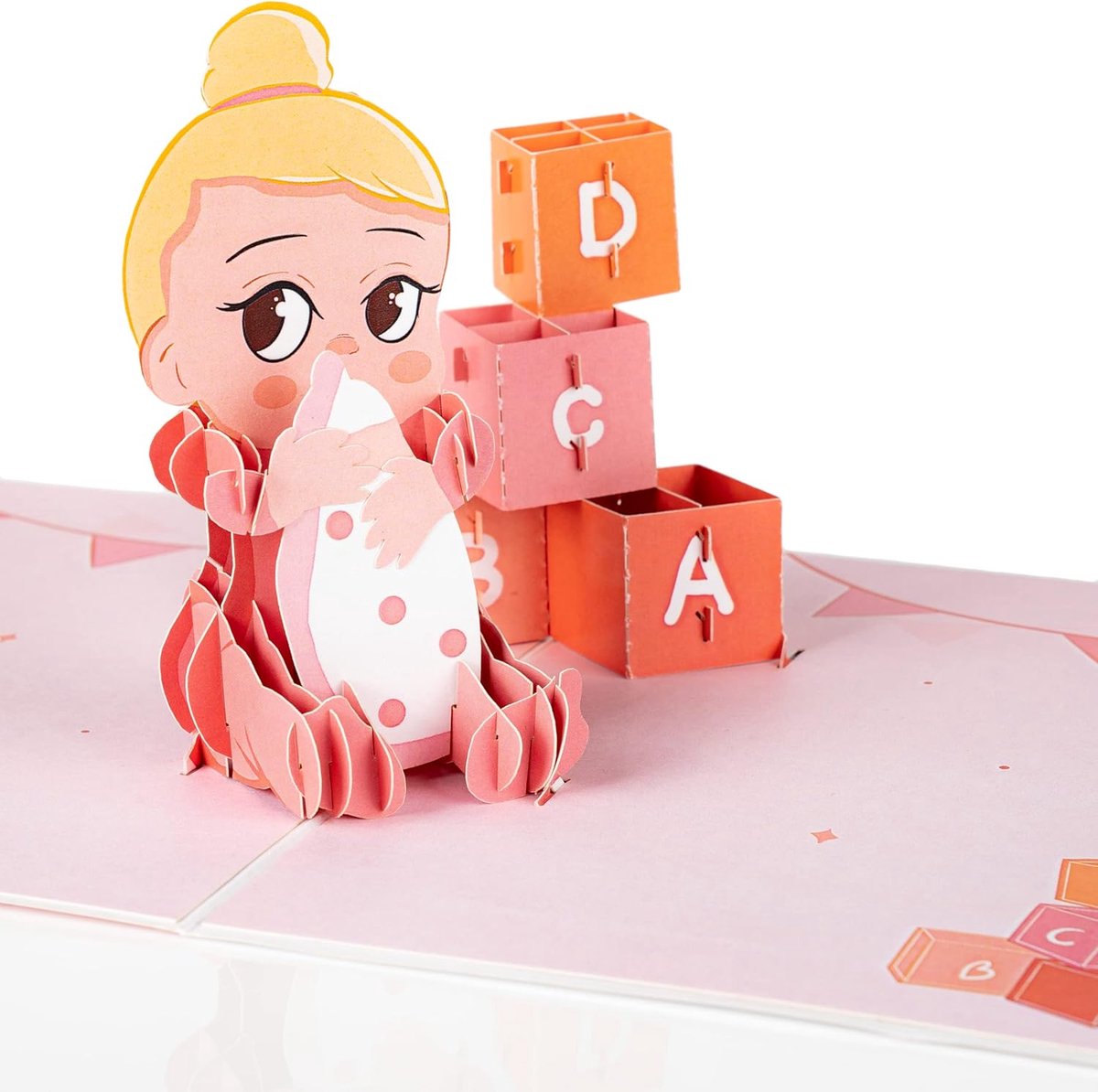 SnelShoppen - Pop-up 3D Babykaart voor Meisjes, Roze Baby Motief met Fles en Speelgoed, Verjaardagswenskaart voor Geboorte, Babyshower en Cadeau voor