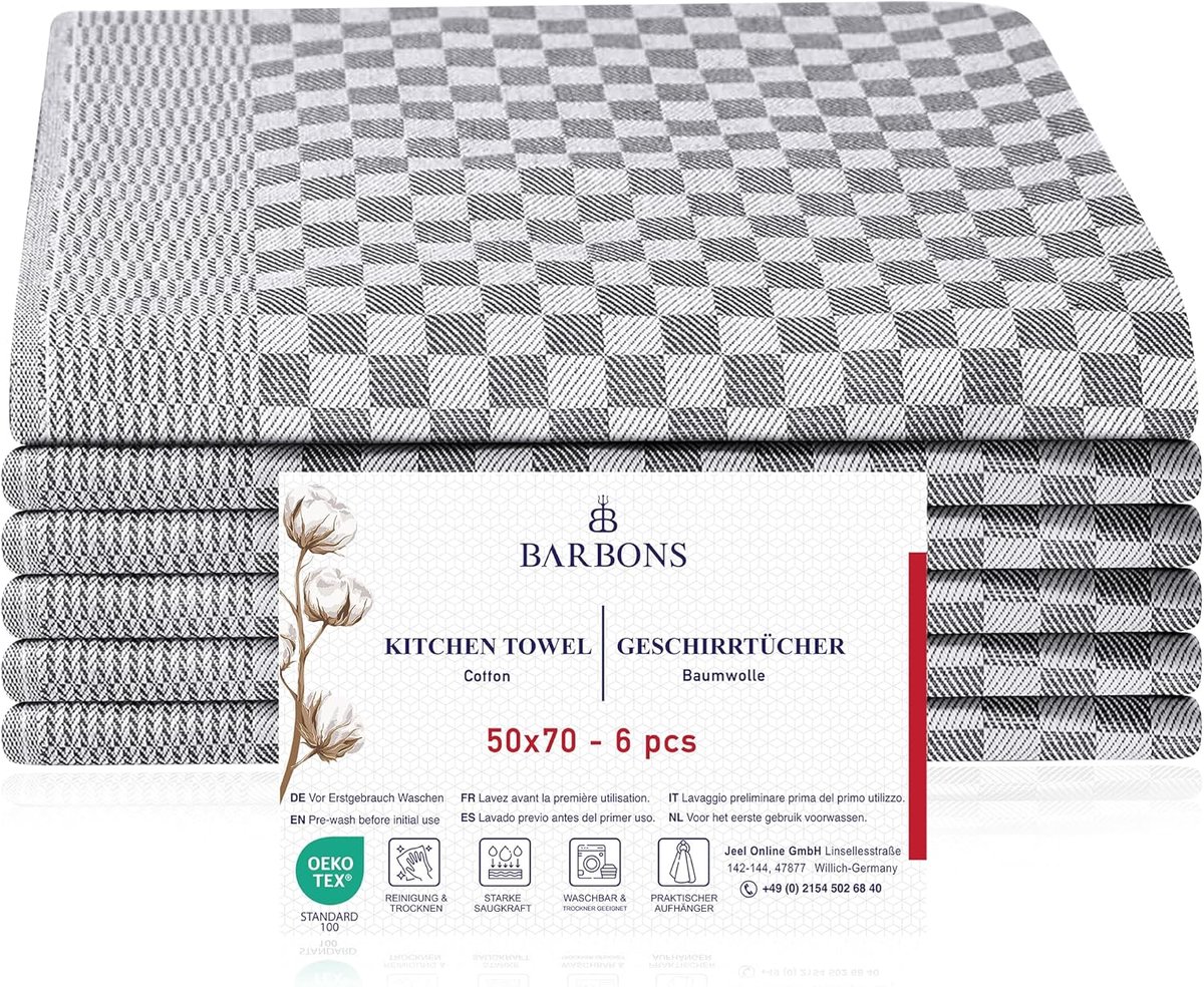 SnelShoppen - 6x Katoenen Keukenhanddoeken, 50x70 cm, Absorberend, Zwart, Ideaal voor Keuken, Restaurant, Bar, Decoratie, Set van 6