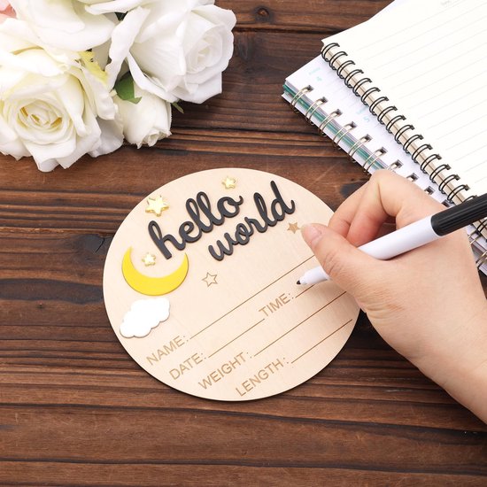 SnelShoppen - Houten Hello World Newborn Bord - Schattige Geboorte Aankondigings Plaat voor Baby's - Naamplaat voor Jongens en Meisjes - Baby Shower F — afbeelding 3