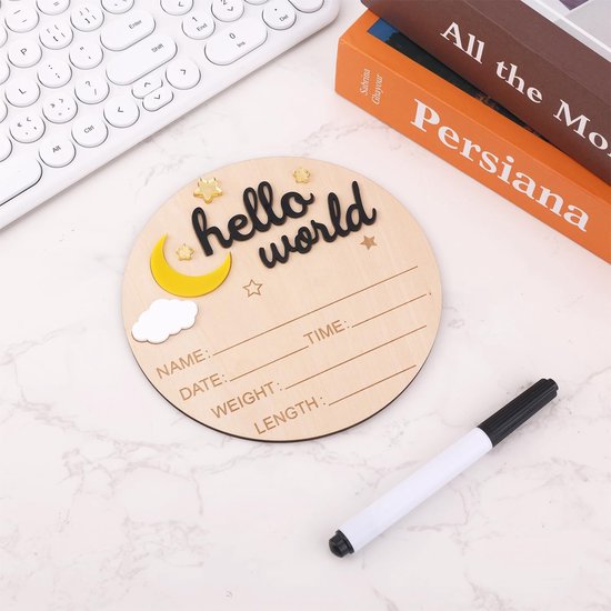 SnelShoppen - Houten Hello World Newborn Bord - Schattige Geboorte Aankondigings Plaat voor Baby's - Naamplaat voor Jongens en Meisjes - Baby Shower F — afbeelding 2