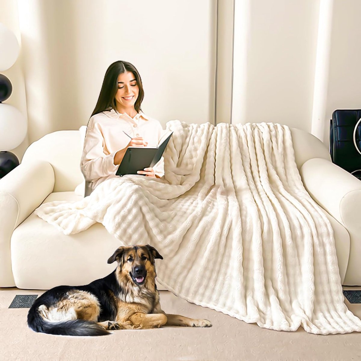 SnelShoppen - Witte Cuddly Blanket, Warme Sofa Dekentje, Fluffy Plaid, Gestreept Design, Zachte Wol Dekens voor Sofa, 100x150 cm, Perfect voor Thuis e