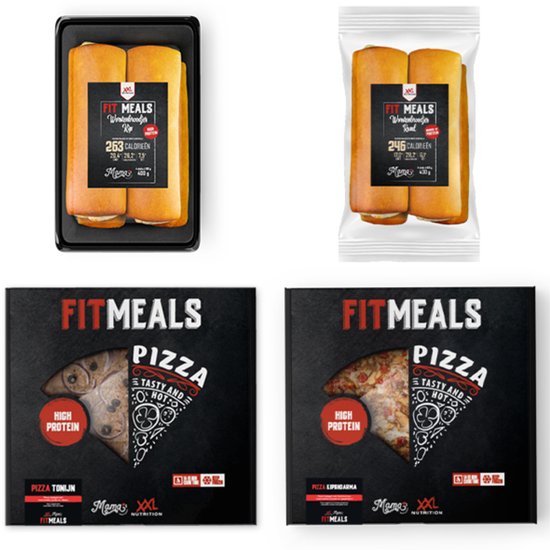 Twee verpakkingen met "Fit Meals Westendroodjes" erop. De pizzas zijn "Pizza Tonijn" en "Pizza Lipsio Arma" met "High Protein" erop.
