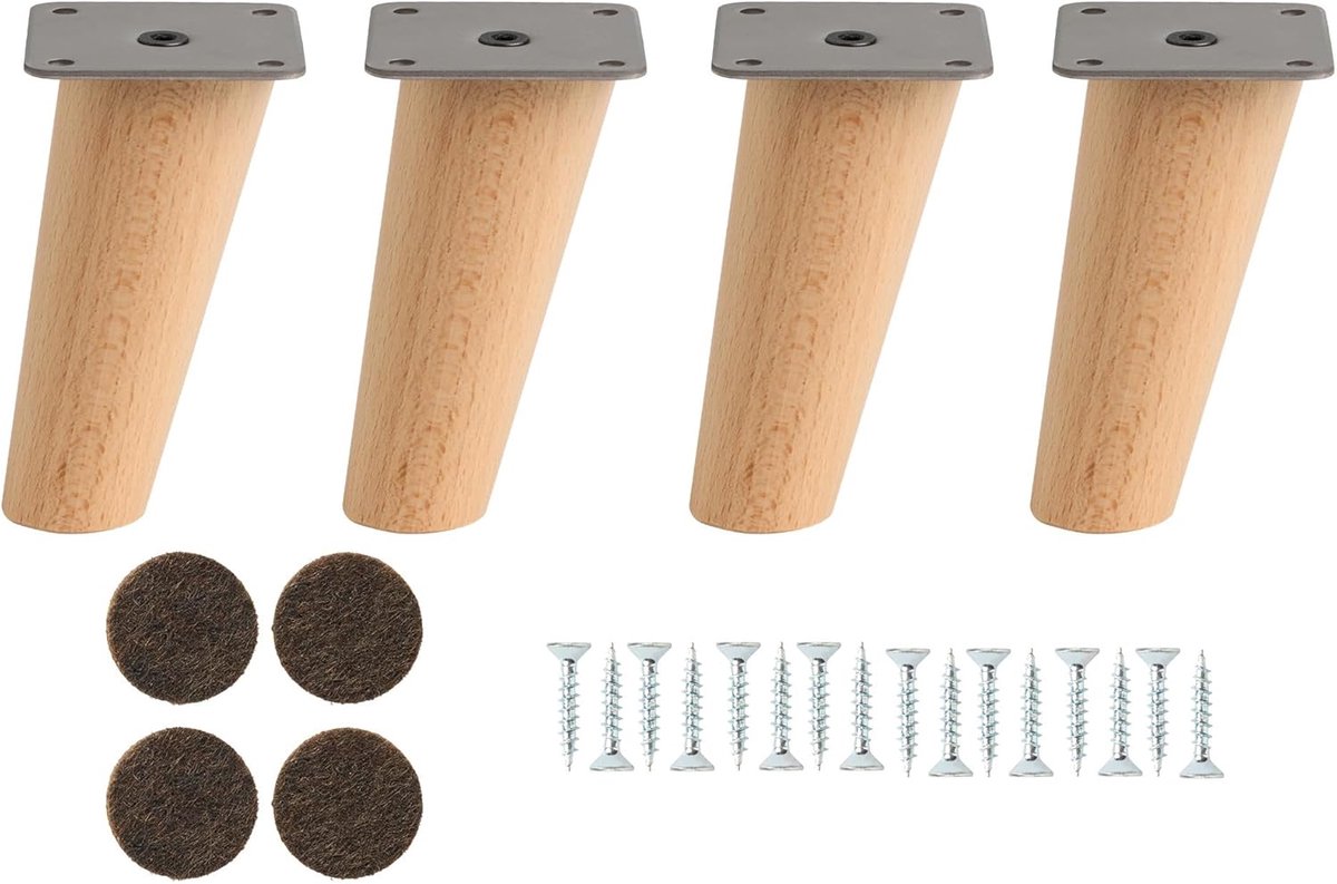 SnelShoppen - Conische meubels poten van beukenhout met montageplaat, 8 cm hoog, natuurlijk hout, set van 4, perfect voor meubels en DIY-projecten