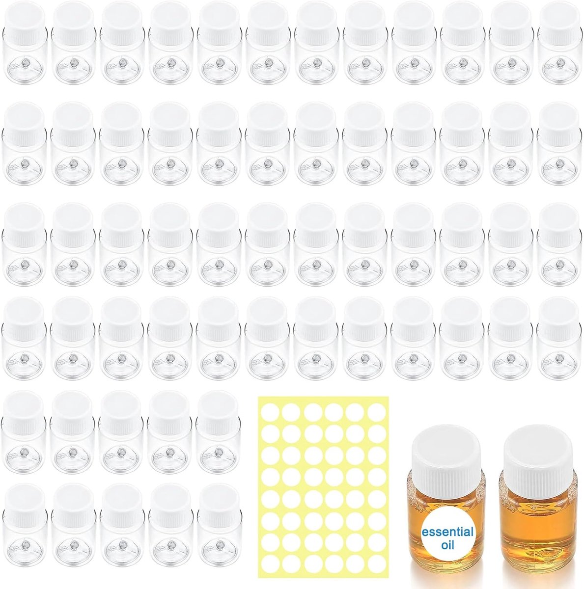 SnelShoppen - 60 Pcs Testflessen 20ml - Kleine Plastic Flessen voor Reizen, Transparant met Deksel, Monsterhouder met 2 Vellen Etiketten voor Cosmetic