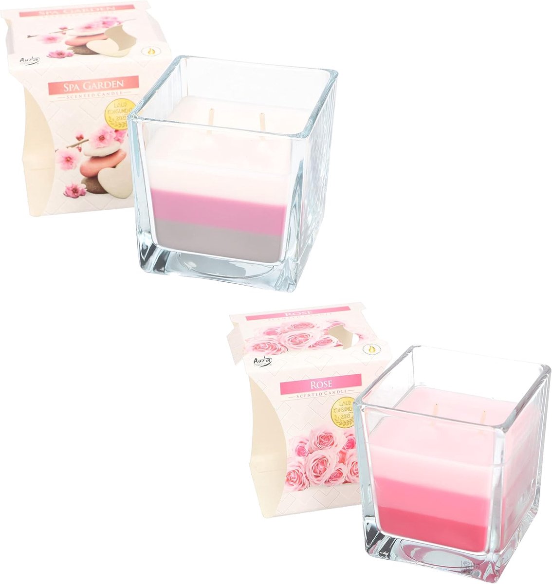SnelShoppen - Set van 2 Geurkaarsen met 2 Wick in Glas, Aromatherapie, Rozengeur, Tricolor, Decoratieve Kaarsen voor Huis, Cadeau-idee, Brandduur tot