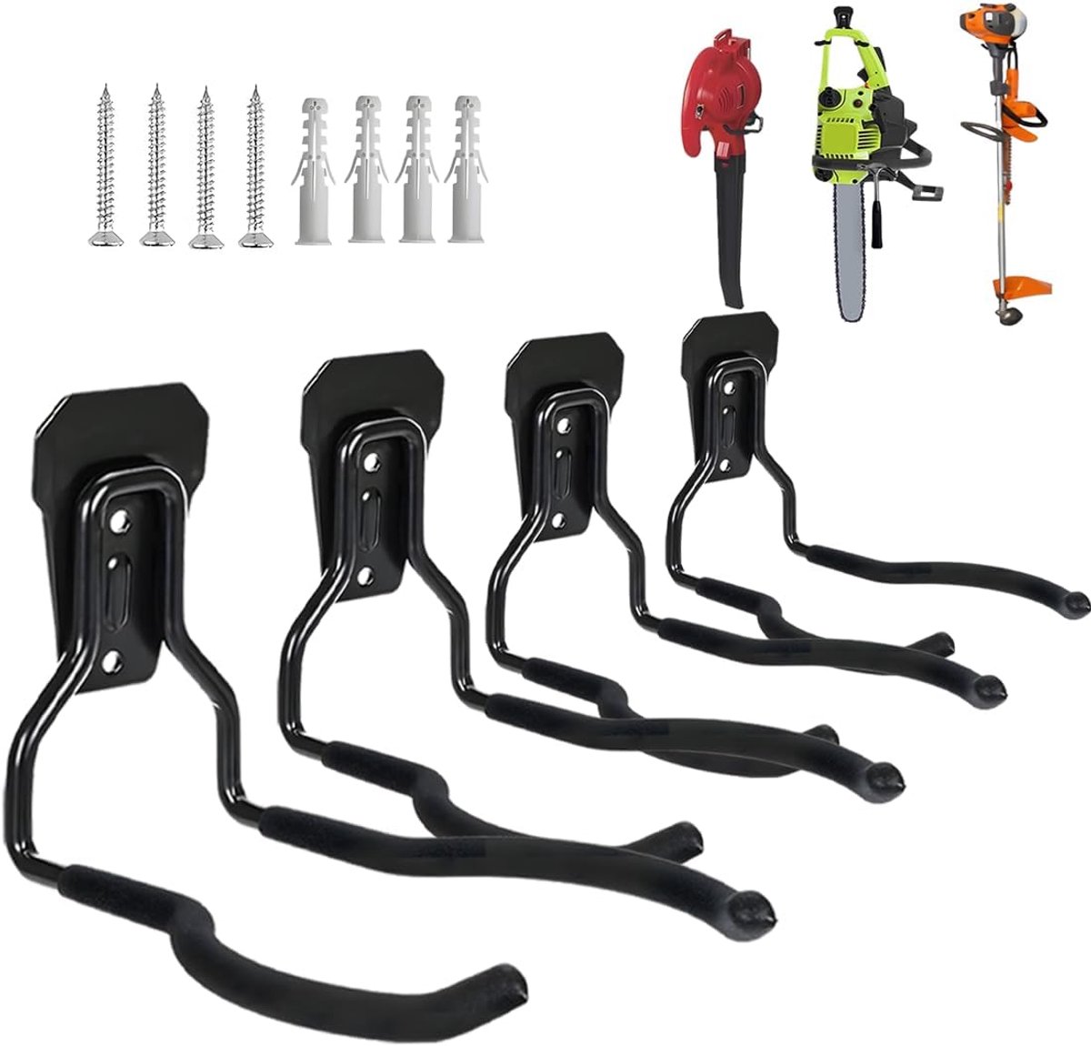 SnelShoppen - Garden Power Tool Hook Set 4PCS - Heavy Duty Garage Wall Hooks voor Tuin Gereedschap, Strimmer Hanger, Metalen Opbergsteunen voor Tuin,