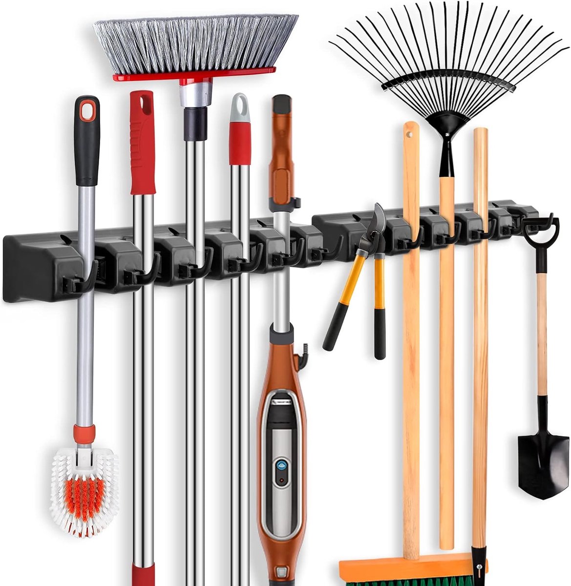 SnelShoppen - 2-delige Wandbevestiging voor Bezems en Moppen met 5 Posities en 6 Haken - Multifunctionele Tool Organizer voor Keuken, Badkamer, Tuin,