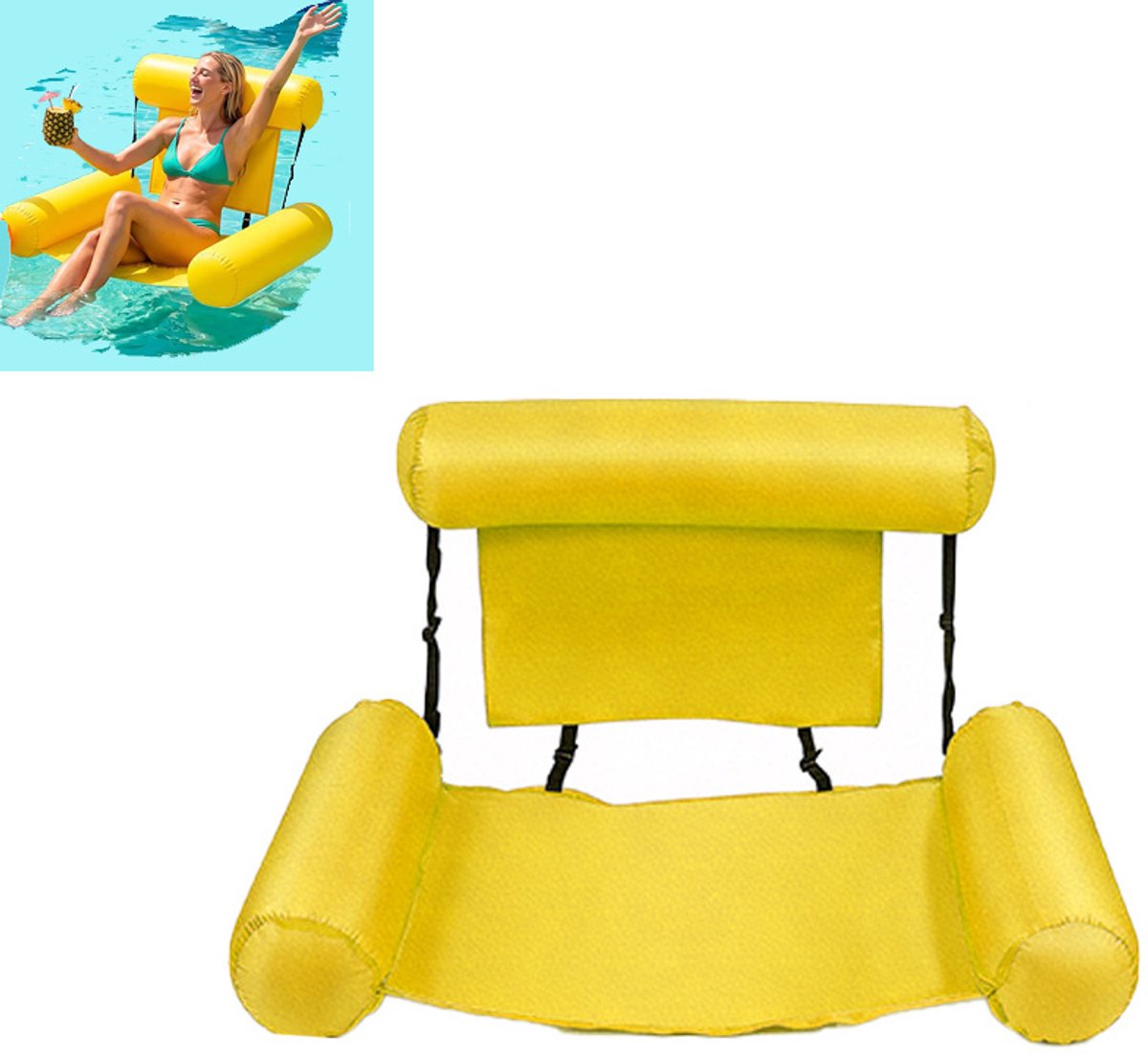 Drijvende strandmat - Zwembadstoel - Opblaasbaar ligbed voor op het water - Opblaasbare drijfstoel - Opblaasbare stoel met hoofdsteun en armsteunen, comfortabel om te ontspannen in het water - PVC - 90x80 cm - Voor Zwembad En Strand - Geel