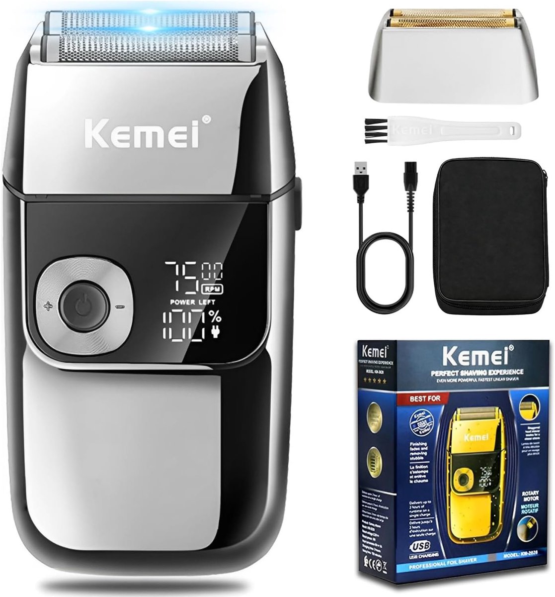 SnelShoppen - Draadloze Elektrische Scheerapparaat voor Mannen met Folie, Oplaadbare Baardtrimmer, Wasbaar, USB, LED Display, Lithium Titanium Folie,