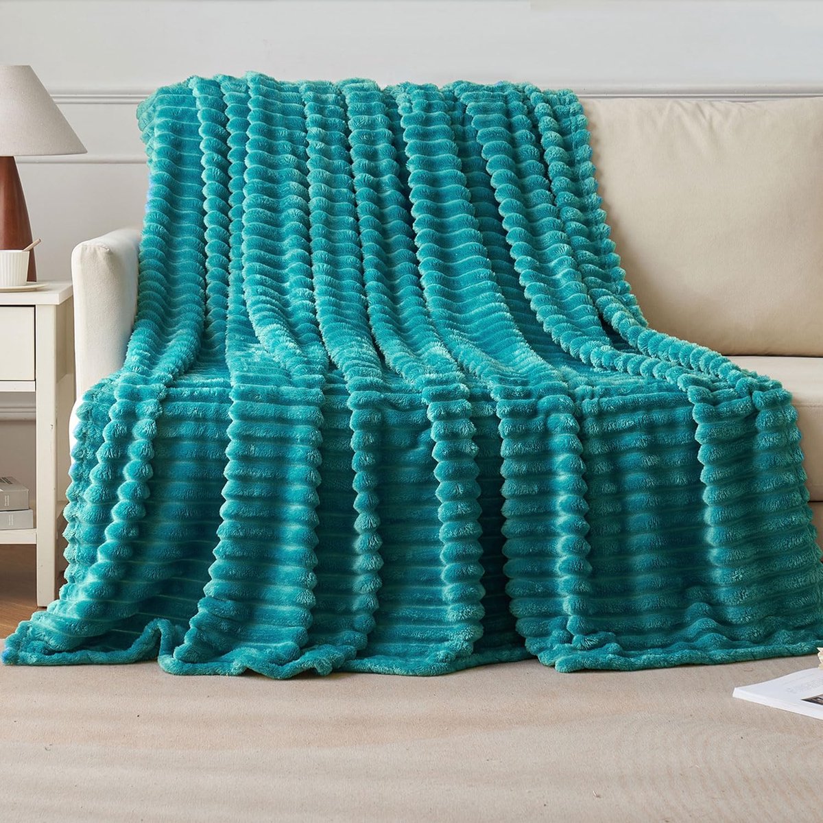 SnelShoppen - Fleece Throw Blanket 150x200 cm - Zachte Warme Fluffy Dekens voor Bed, Bank en Kids - Corduroy Look - Teal Groen - Ideaal voor Napping e