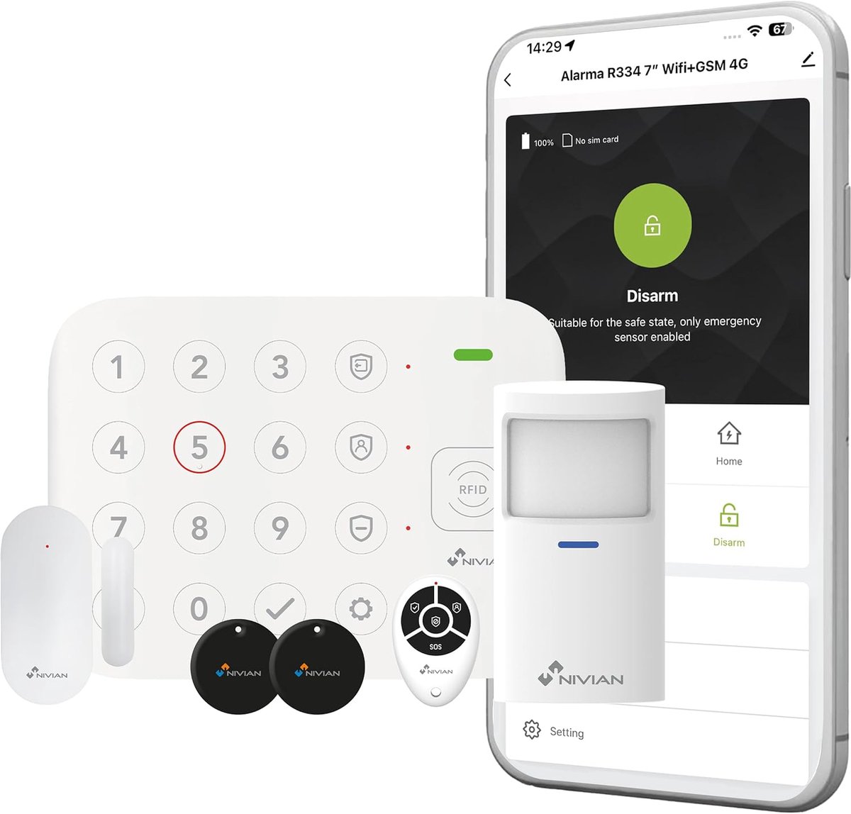 SnelShoppen - Intelligent WiFi Alarm Systeem voor Thuis & Bedrijf, Bewegingssensor Kit, Deursensor, Afstandsbediening, RFID, App & Spraakbesturing, Ee
