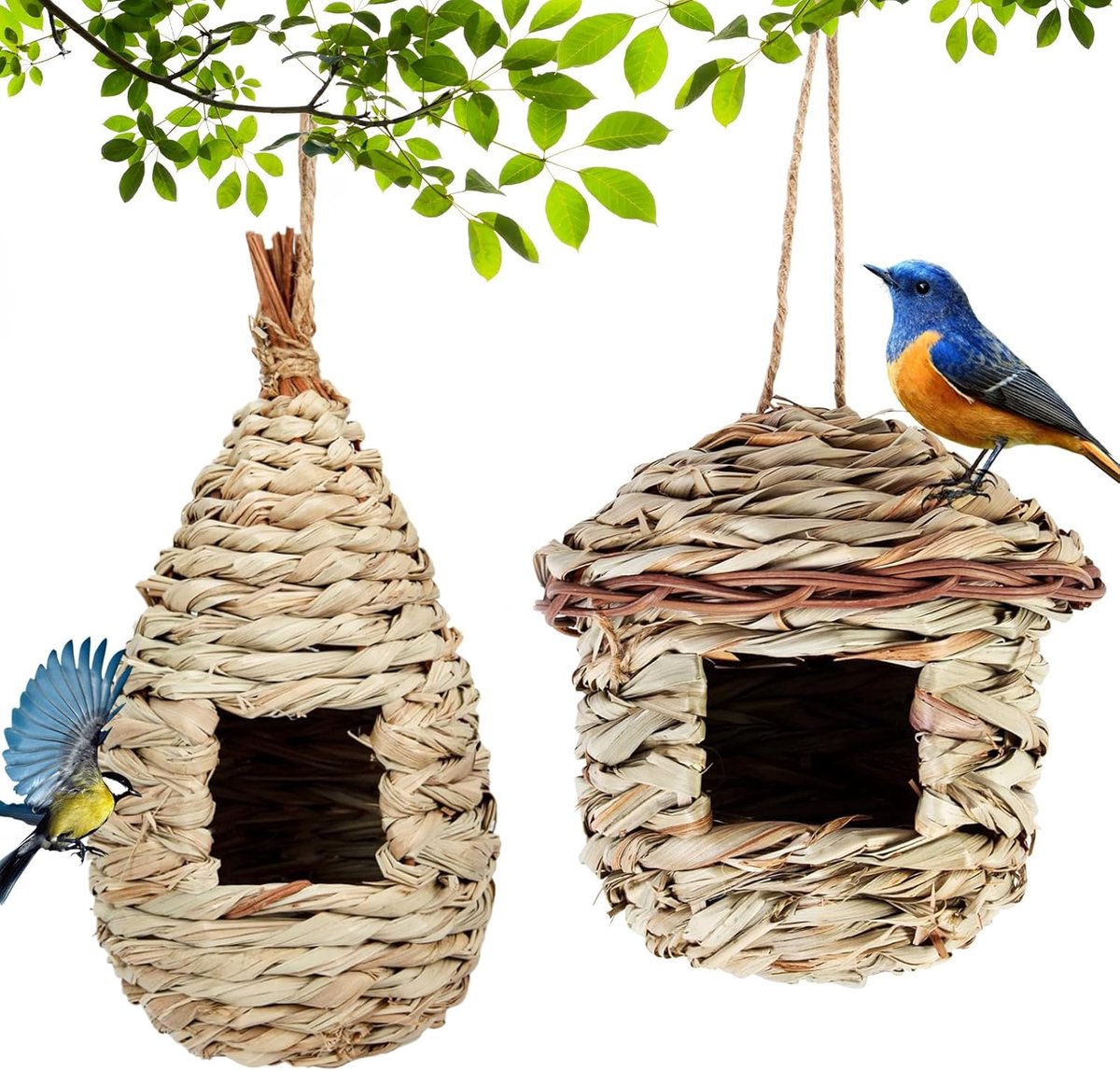 SnelShoppen - 2 Stuks Handgeweven Gras Vogel Nest Hangende Vogelhuisje Buiten Decoratie Natuurlijke Vogelhuis met Hangriemen voor Papegaaien Kanaries