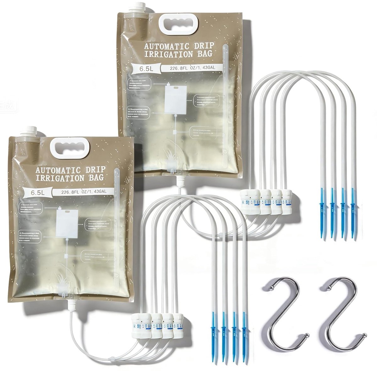 SnelShoppen - 2 Pack 6.5L Drip Irrigation Bags voor Planten, Automatische Irrigatie met 4 Verstelbare Regelaars en 2 Haken, Robuuste PP Plastic Waterz