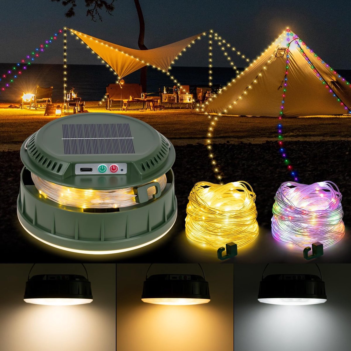 SnelShoppen - Solar String Lights 10m met 13 Modus - 4-in-1 Waterdichte Camp Lamp - Oplaadbare Tent Lantaarn voor Camping, Tuin, Feest en Patio (Groen