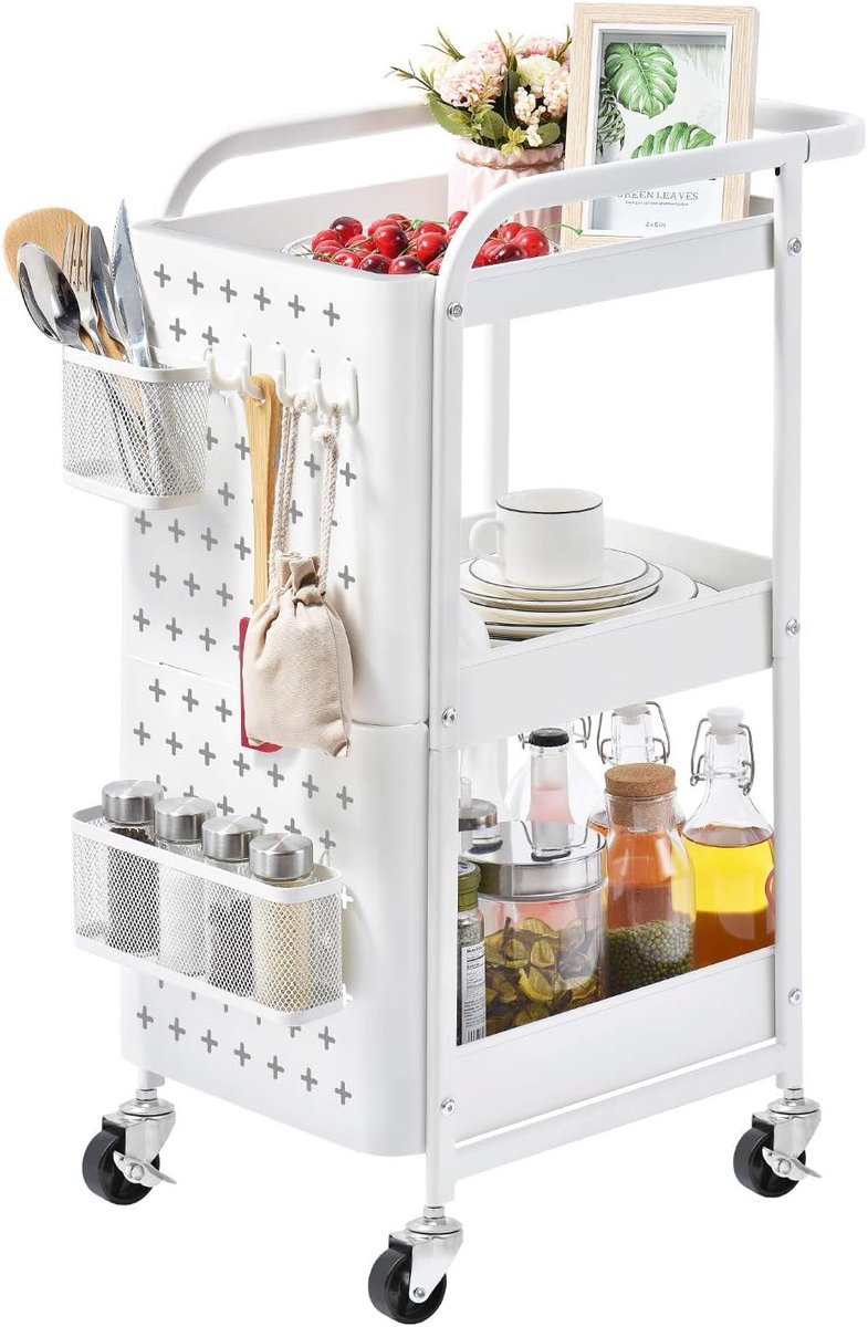 SnelShoppen - 3 Laags Opbergwagen met Wielen, Metalen Keuken Trolley, Mobiele Opslag met Haken, Wit, Perfect voor Thuis, Keuken, Kantoor en Meer