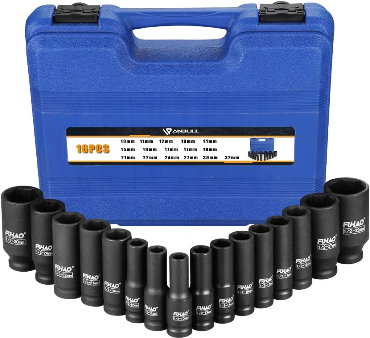 SnelShoppen - 16-delige 1/2" Drive Diepe Impact Socket Set, Cr-V Staal, 6 Punt, 10-32mm, Heavy Duty Opslagdoos voor Auto en Industrie