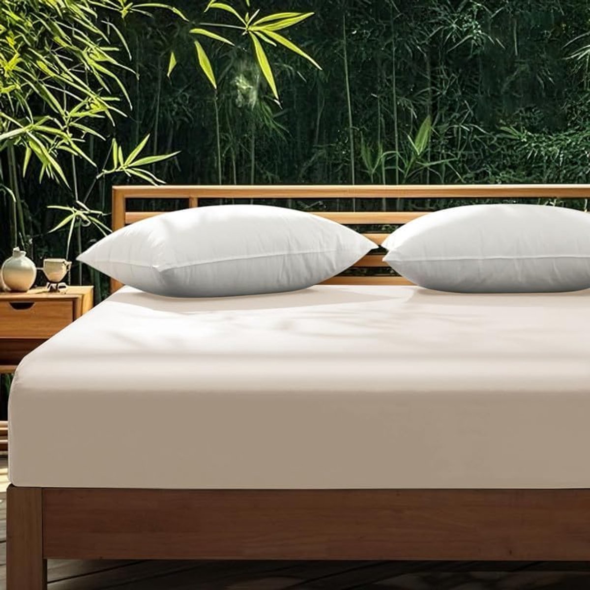 SnelShoppen - Fitted Sheet 160 x 200 cm Beige Cream Antibacterieel Katoen Satijn voor Boxspring Bed - Geschikt voor Matras Hoogte tot 30 cm - Luxe en