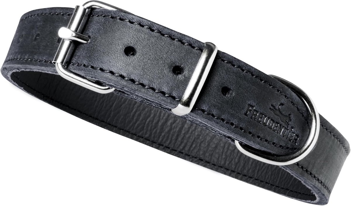 SnelShoppen - Hondenhalsband Leer, Handgemaakt, Gevet Leer, Voor Kleine, Middelgrote en Grote Honden, 38-50 cm, Nachtblauw, Duurzaam en Comfortabel