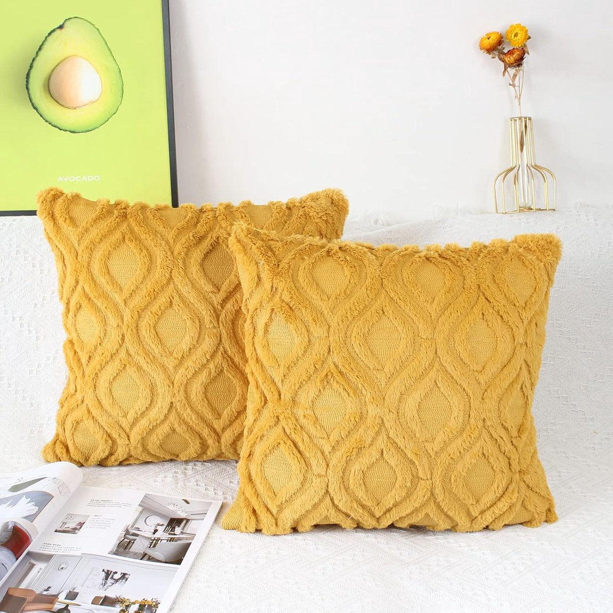 SnelShoppen - Set van 2 Kussenhoezen Pluche Wol 50x50cm Mosterdgeel Velvet Boho Decoratieve Kussens Fluffy Sofa Kussenhoezen voor Woonkamer Slaapkamer