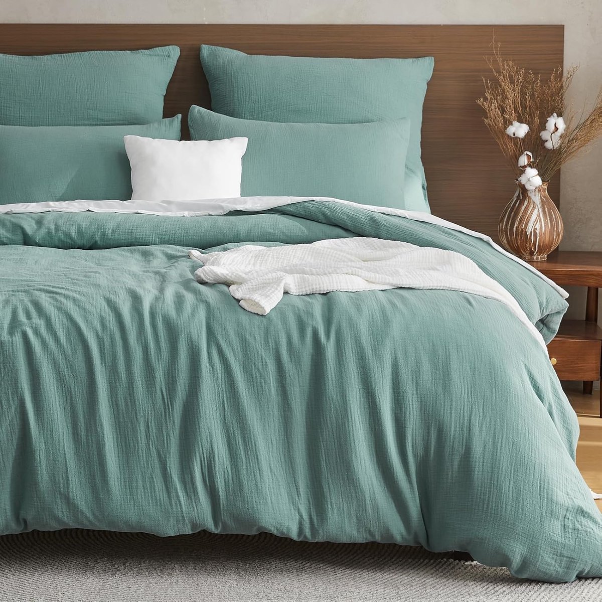 SnelShoppen - Muslin Beddegoed Set 200x200 cm - 100% Katoen Duvet Dekbedovertrek met Rits en 2 Kussenslopen 80x80 cm - Dubbele Zomerset in Teal - Oeko