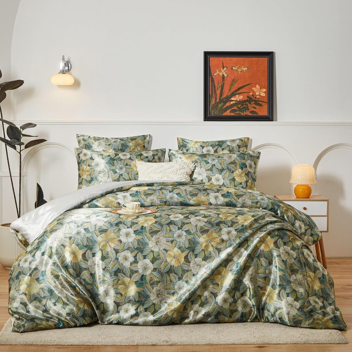 SnelShoppen - Satin Dekbedovertrek Set 220x240 cm - Bloemen en Bladeren Patroon - 3-delig met Rits - Zachte, Comfortabele, Zijdezachte Polyester Satin