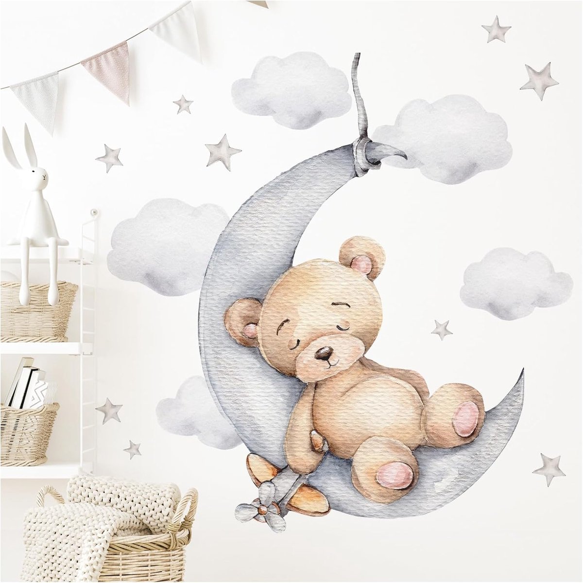 SnelShoppen - Little Deco Muurstickers Beren op de Maan | Zelfklevende Wanddecoratie voor Kinderkamer | Premium Kwaliteit 87x57 cm | Schattige Teddybe