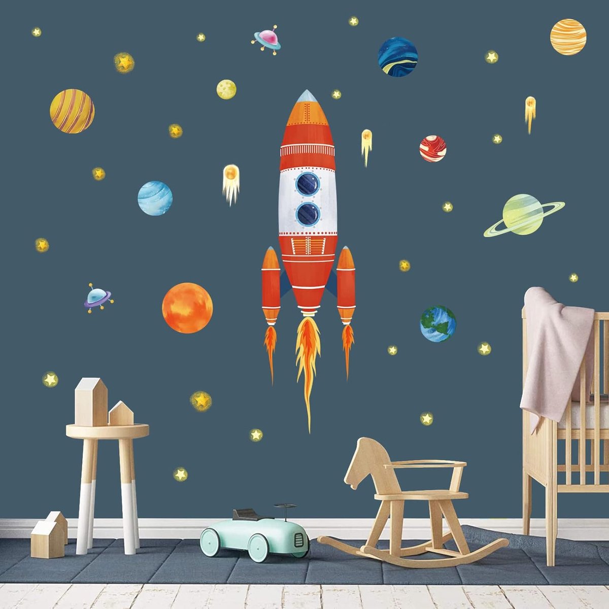 SnelShoppen - Wandstickers Ruimte Raket Planeten - Muurdecoratie Kinderkamer Baby Speelkamer - Zelfklevend PVC Materiaal - Waterdicht en Herbruikbaar