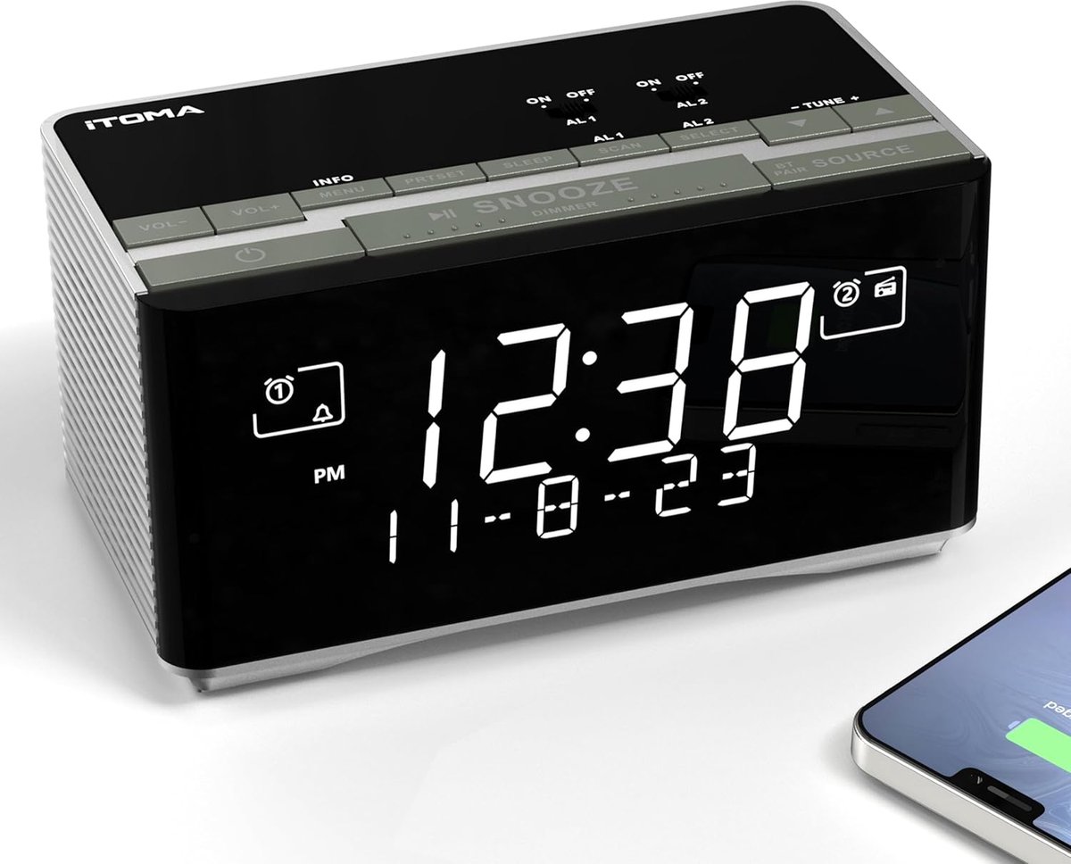 SnelShoppen - FM en DAB Radio Alarm Klok met USB Oplaadpoort, Bluetooth Stereo Speaker, Hoofdtelefoon Jack, Dubbele Alarmfunctie, Snooze, Dimbare LCD